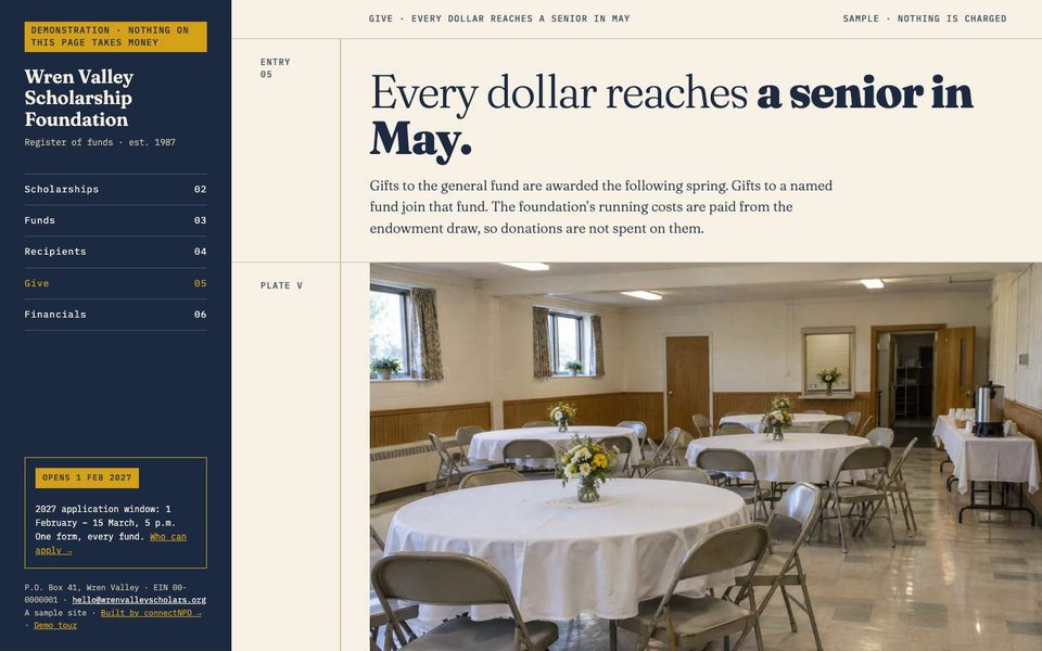 The Give page with the fund chooser