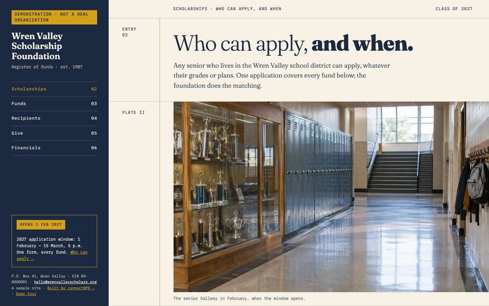 The Scholarships page with the application window status
