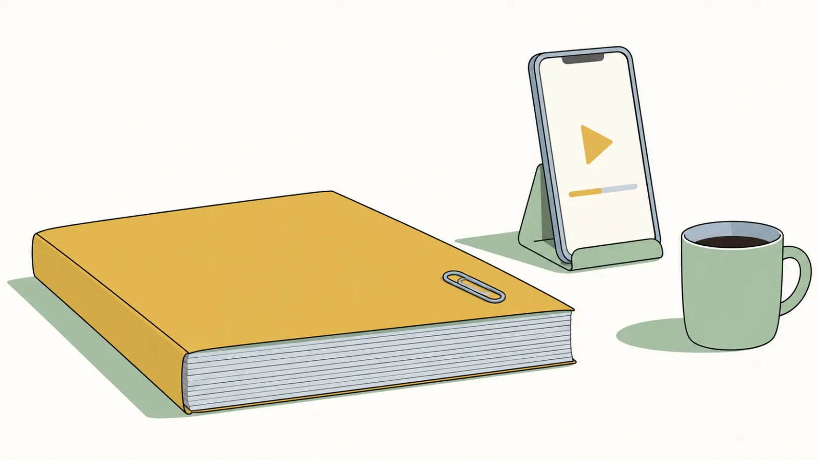 Flat illustration of a thick closed annual report booklet with a paperclip on a desk, beside a phone on a small stand showing a large play button and a short progress bar