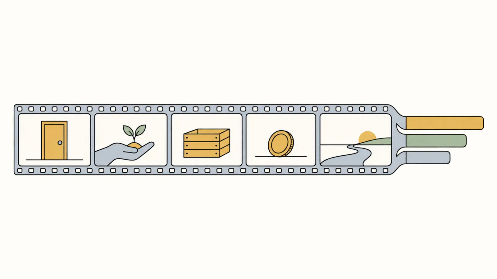 Flat illustration of a horizontal film strip of five frames, a door, a seedling in a hand, a crate, a coin and a river landscape, flowing into three horizontal bars of different lengths in ochre, sage and grey-blue