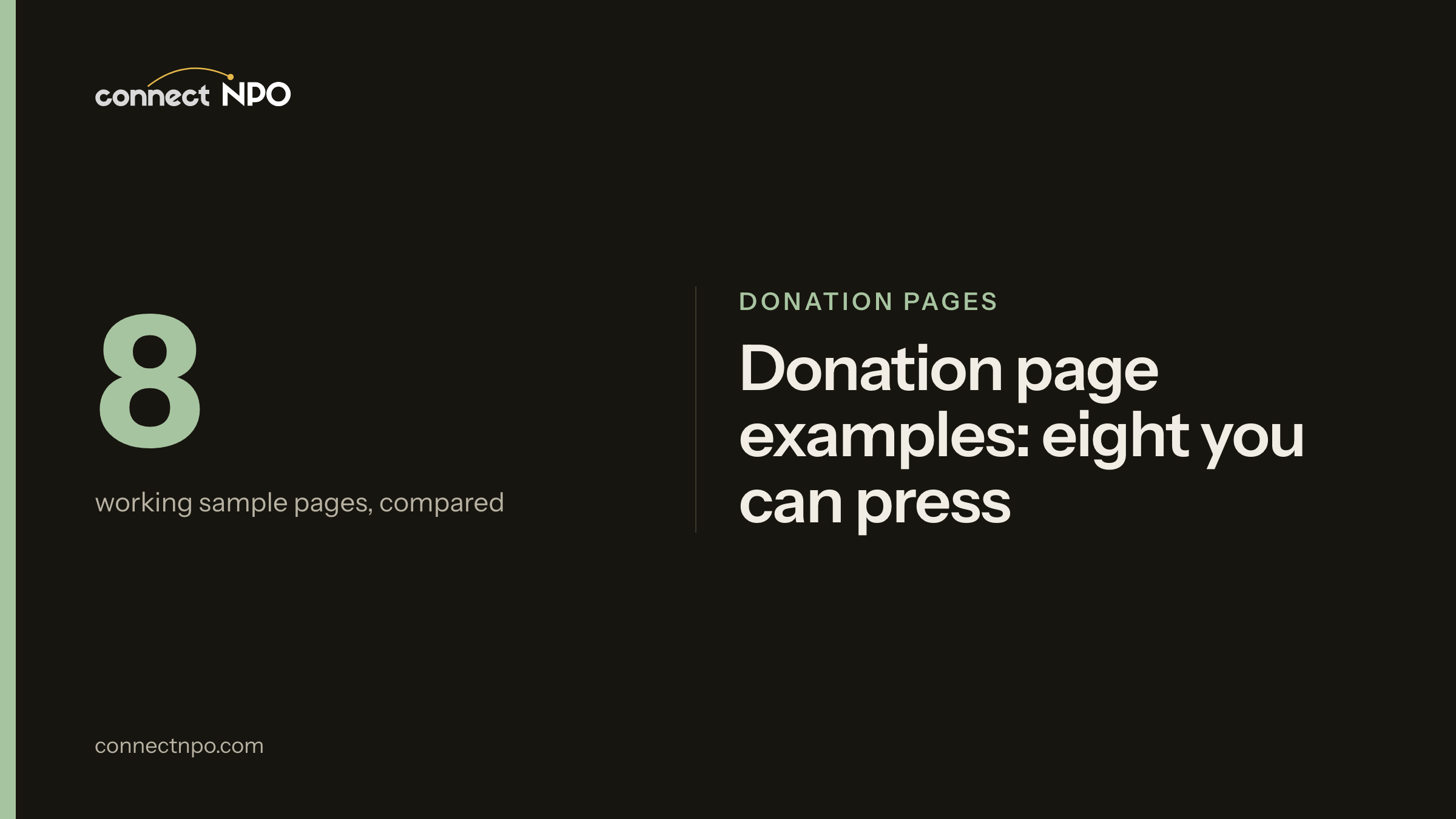 connectNPO blog card: Donation page examples: eight you can press. Monthly or one time, Amounts tied to costs, One clear button.