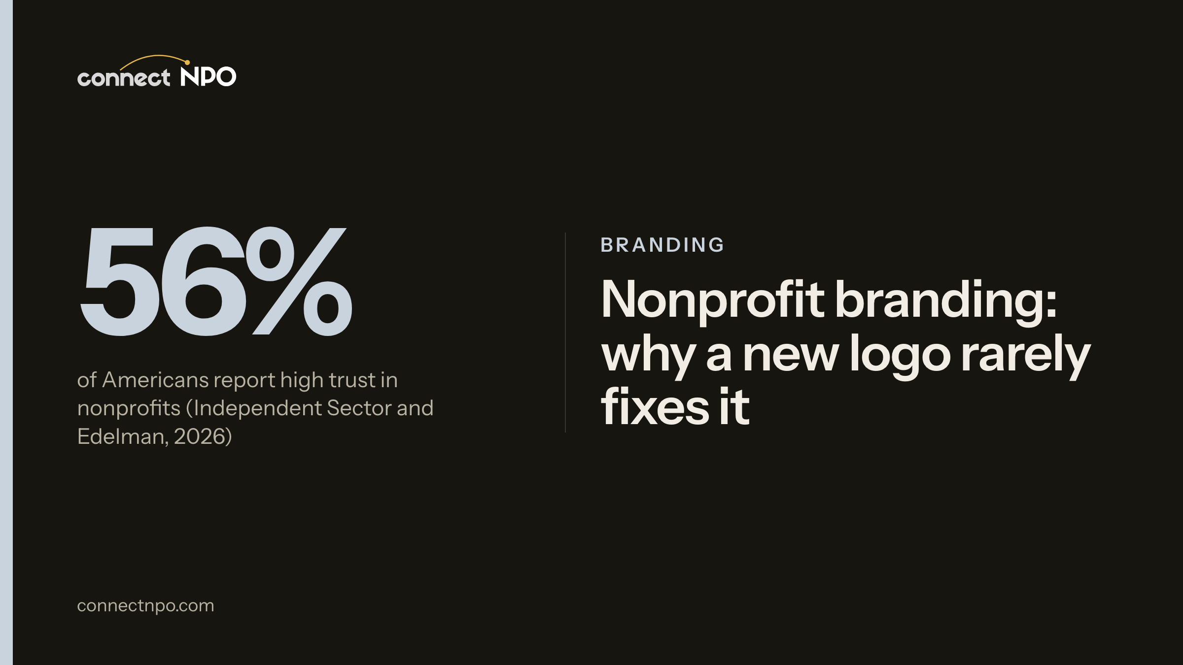 connectNPO blog card: Nonprofit branding: why a new logo rarely fixes it. What a brand is, Fix before the logo, When to rebrand.
