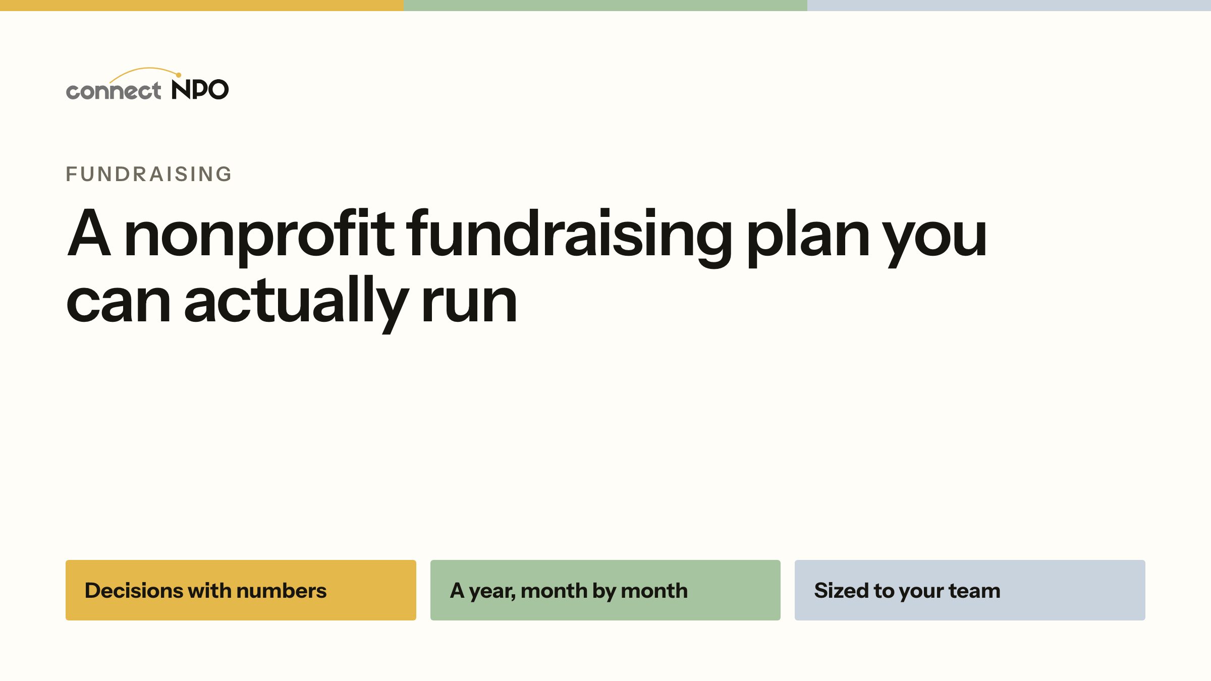 connectNPO blog card: A nonprofit fundraising plan you can actually run. Decisions with numbers, A year, month by month, Sized to your team.