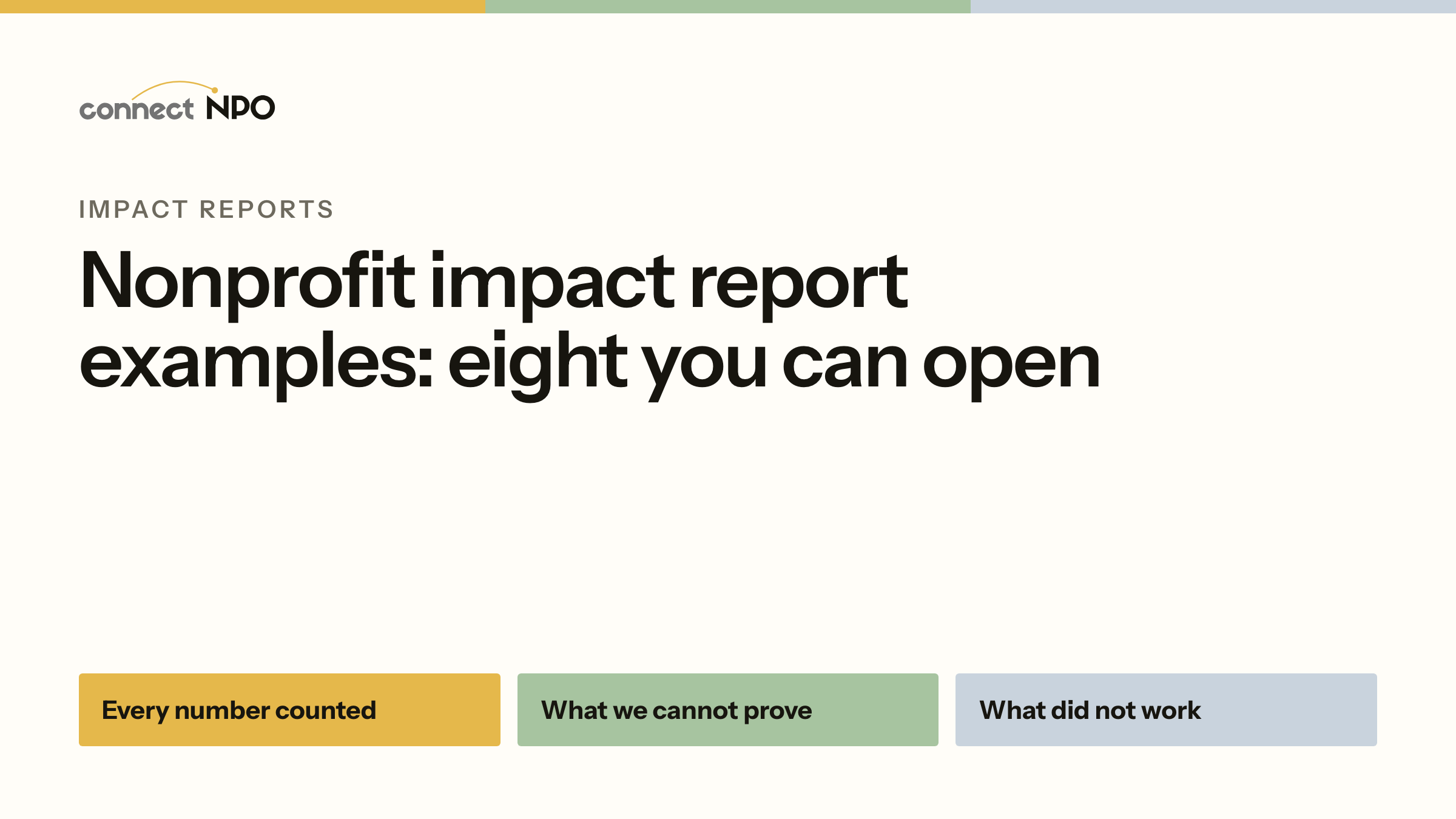 connectNPO blog card: Nonprofit impact report examples: eight you can open. Every number counted, What we cannot prove, What did not work.
