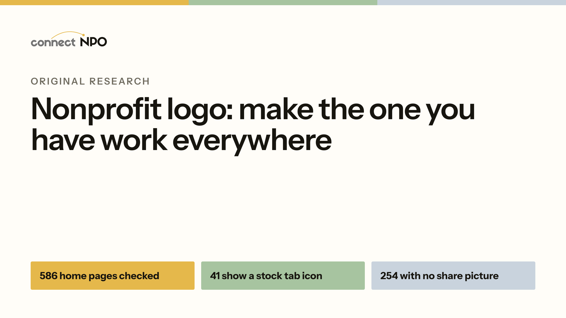 connectNPO blog card: Nonprofit logo: make the one you have work everywhere. 586 home pages checked, 41 show a stock tab icon, 254 with no share picture.