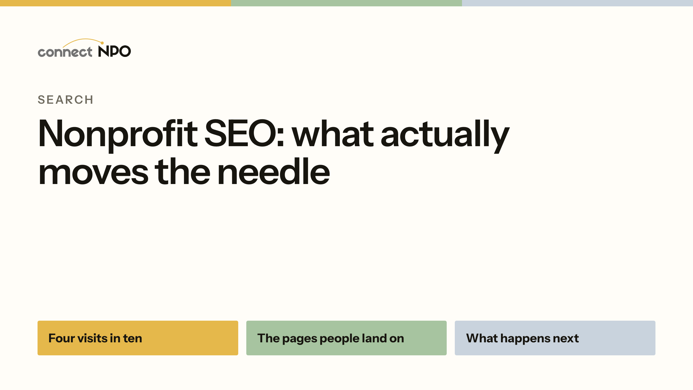 connectNPO blog card: Nonprofit SEO: what actually moves the needle. Four visits in ten, The pages people land on, What happens next.