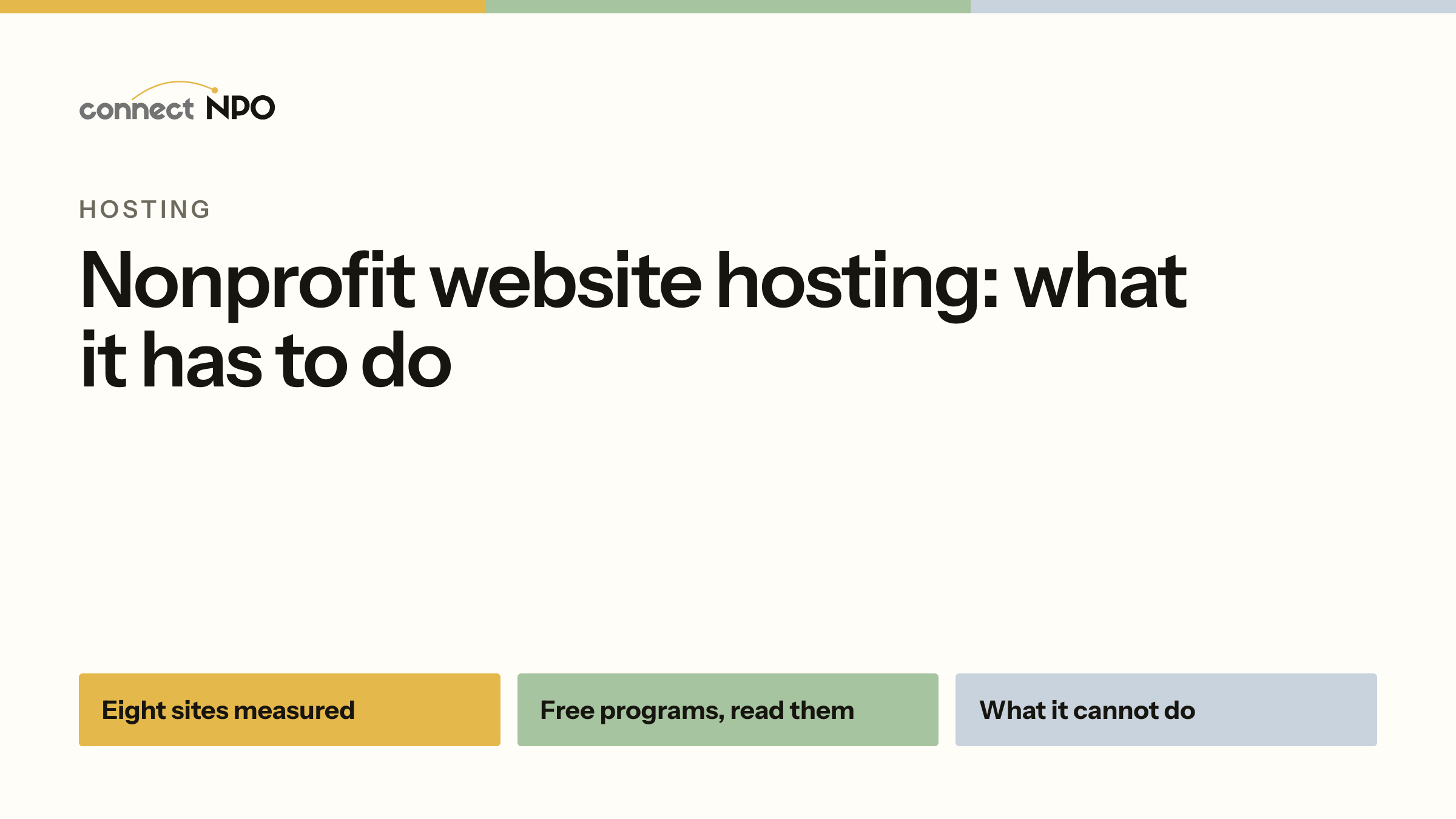 connectNPO blog card: Nonprofit website hosting: what it has to do. Eight sites measured, Free programs, read them, What it cannot do.