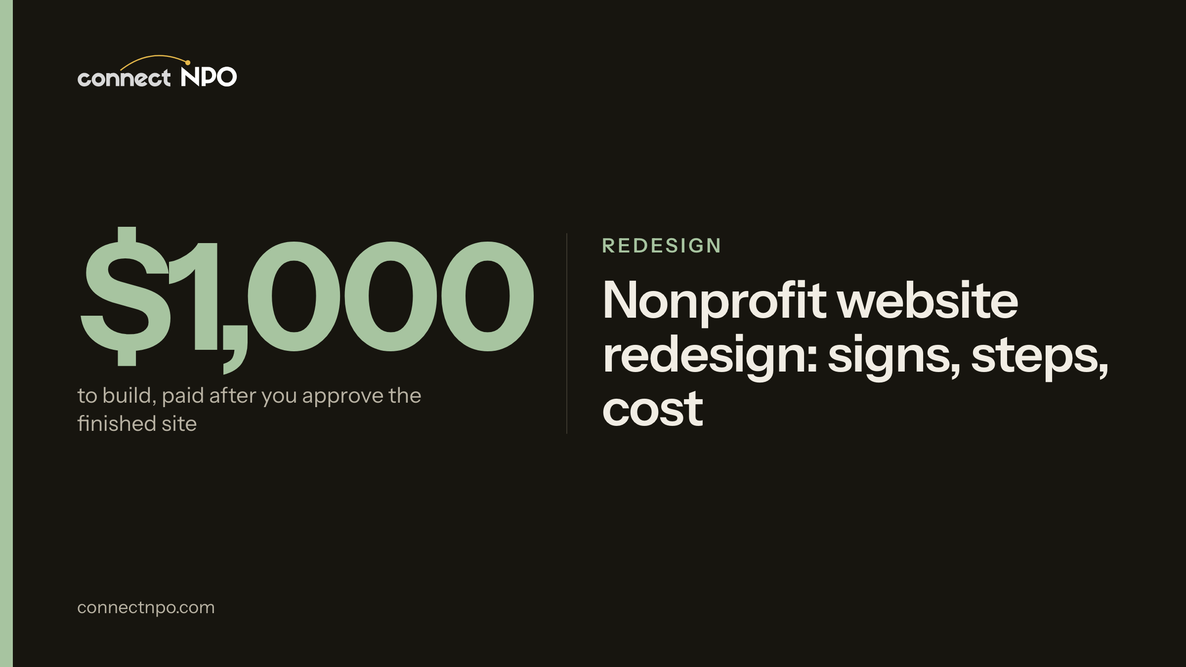 connectNPO blog card: Nonprofit website redesign: signs, steps, cost. Five signs, counted, Six steps, Old addresses kept.