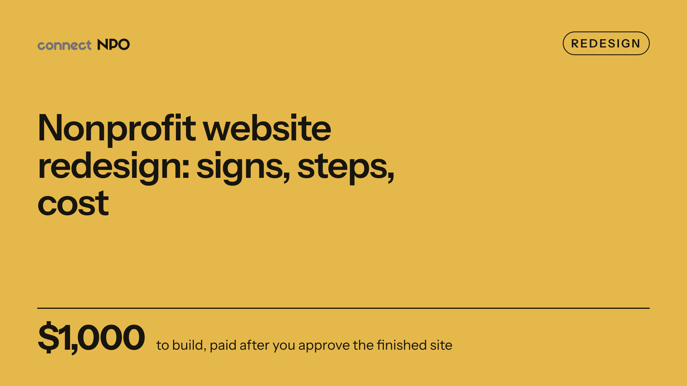 connectNPO blog card: Nonprofit website redesign: signs, steps, cost. Five signs, counted, Six steps, Old addresses kept.