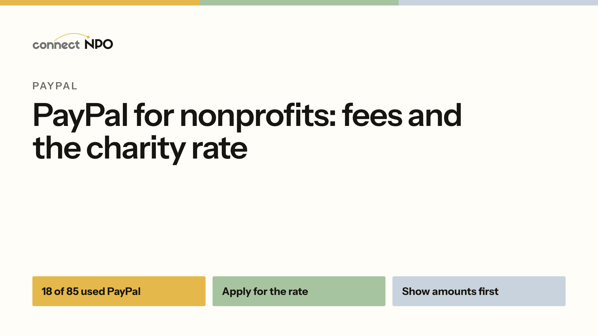 connectNPO blog card: PayPal for nonprofits: fees and the charity rate. 18 of 85 used PayPal, Apply for the rate, Show amounts first.