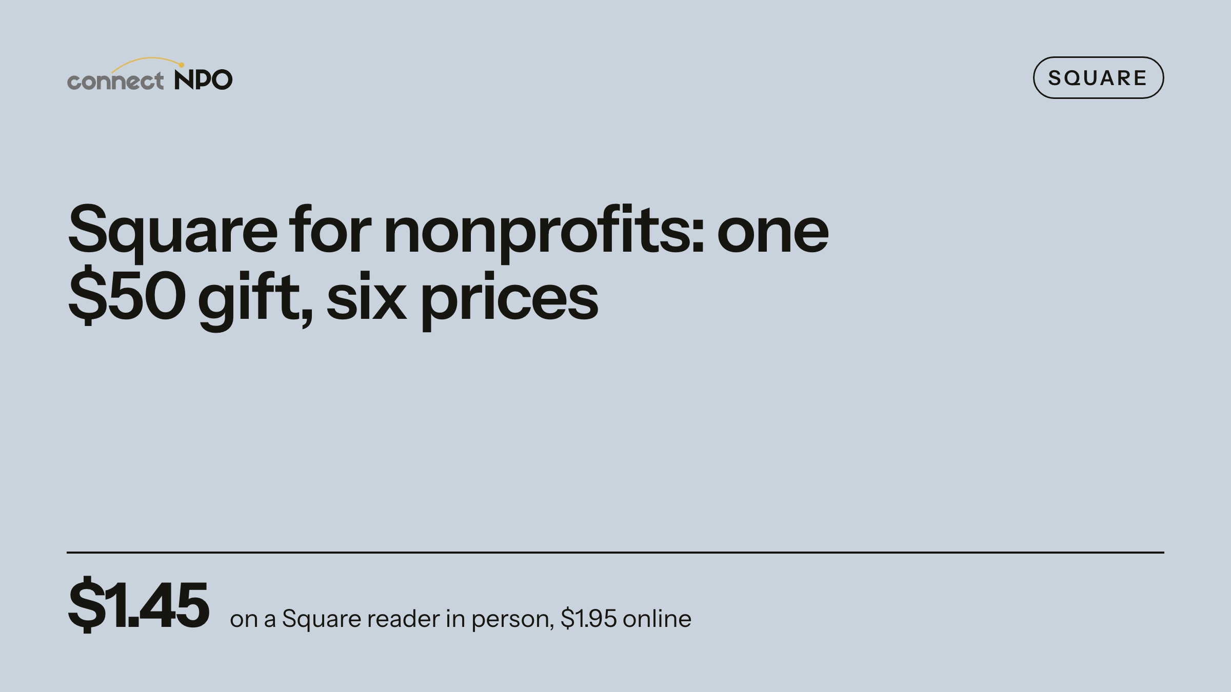 connectNPO blog card: Square for nonprofits: one $50 gift, six prices. No nonprofit discount, 3 of 85 use it online, In-person first.