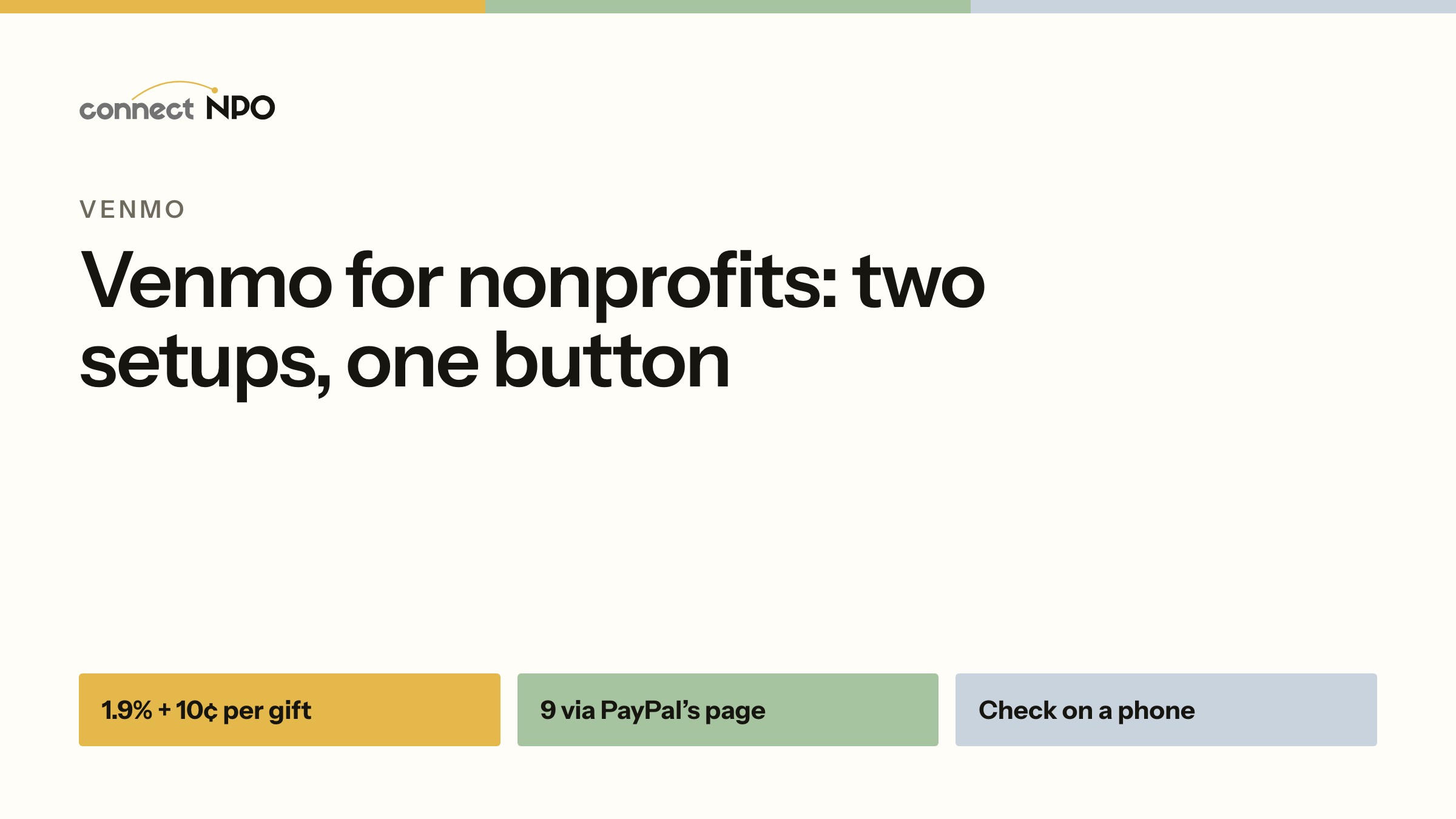 connectNPO blog card: Venmo for nonprofits: two setups, one button. 1.9% + 10¢ per gift, 9 via PayPal’s page, Check on a phone.