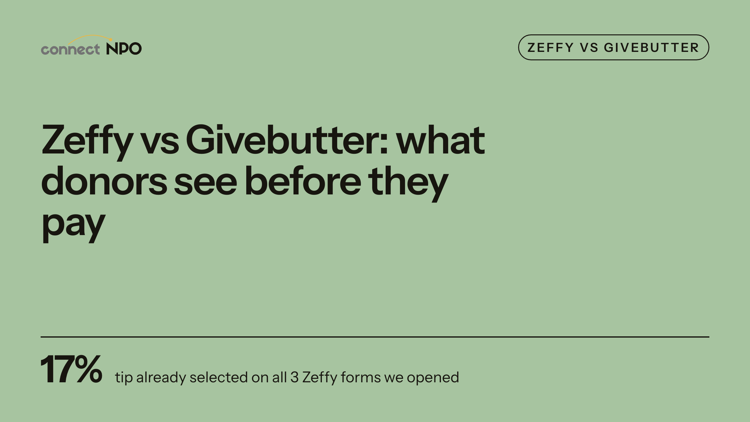 connectNPO blog card: Zeffy vs Givebutter: what donors see before they pay. Zeffy: 17% on 3 of 3, Givebutter: 15% on 3 of 5, Check your own form.