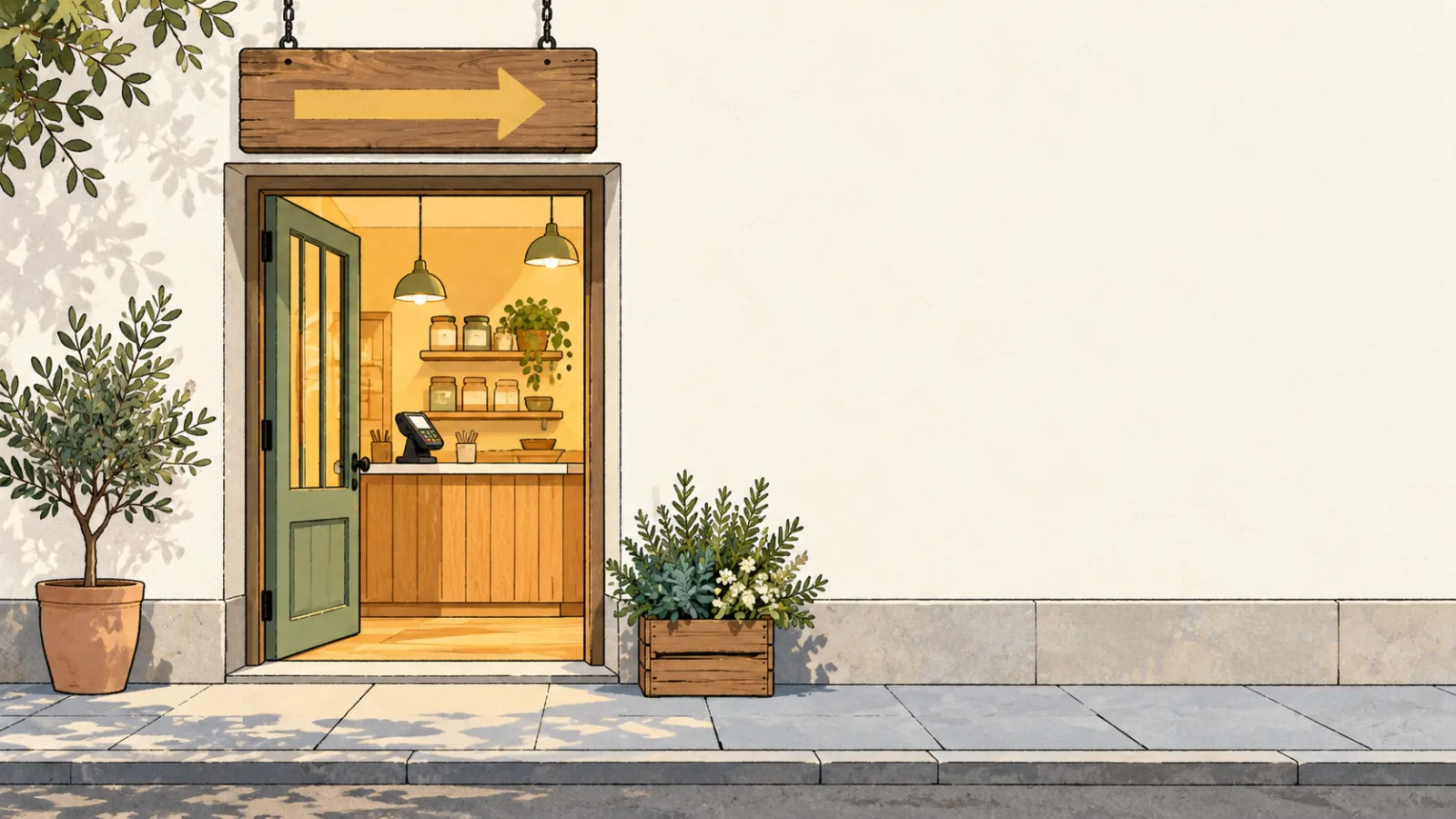 Illustration of an open shop doorway with a lit counter and payment terminal inside, under a wooden sign whose arrow points away along a blank wall, in cream, ochre and sage