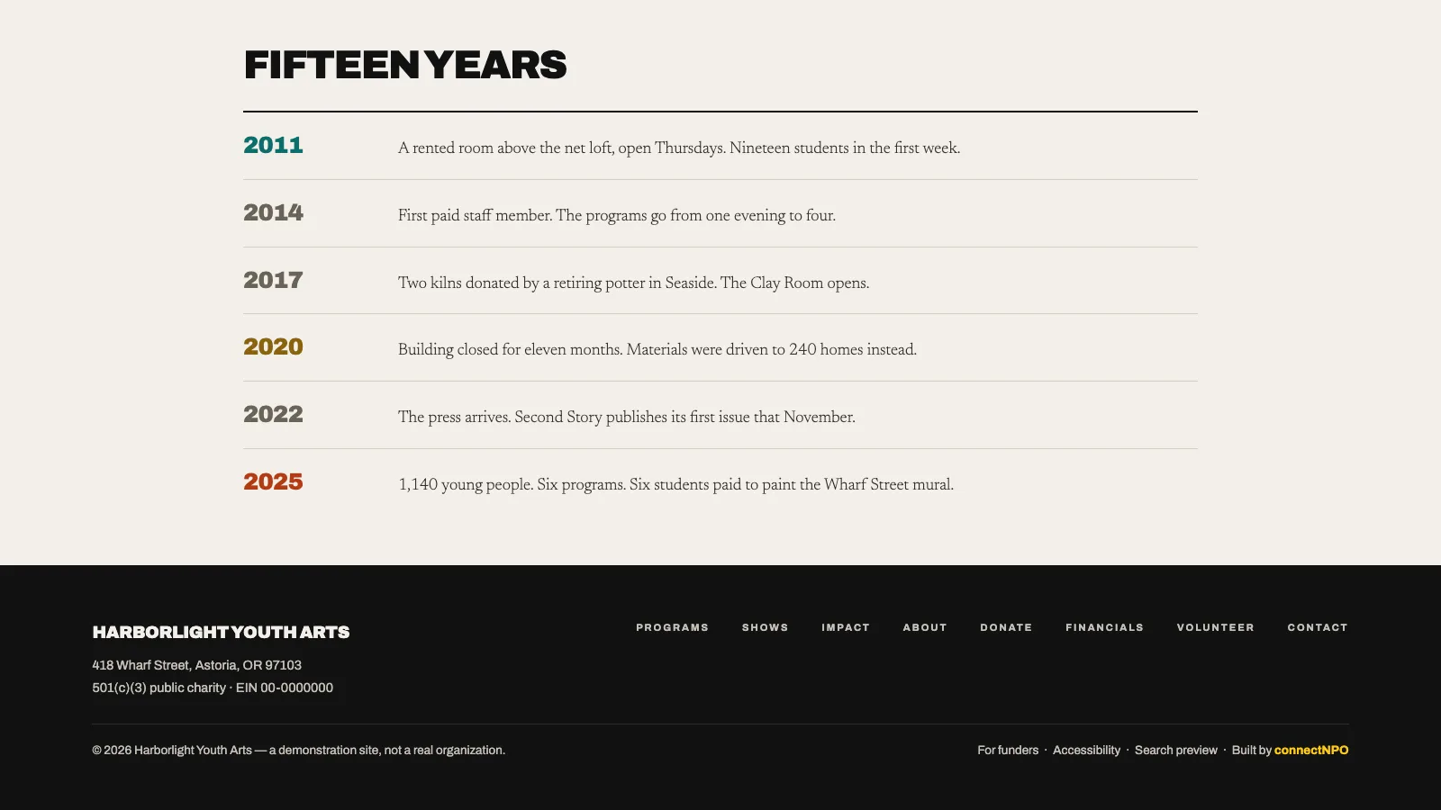 Footer of the Harborlight Youth Arts sample website showing a street address in Astoria, Oregon, and the line 501(c)(3) public charity with EIN 00-0000000
