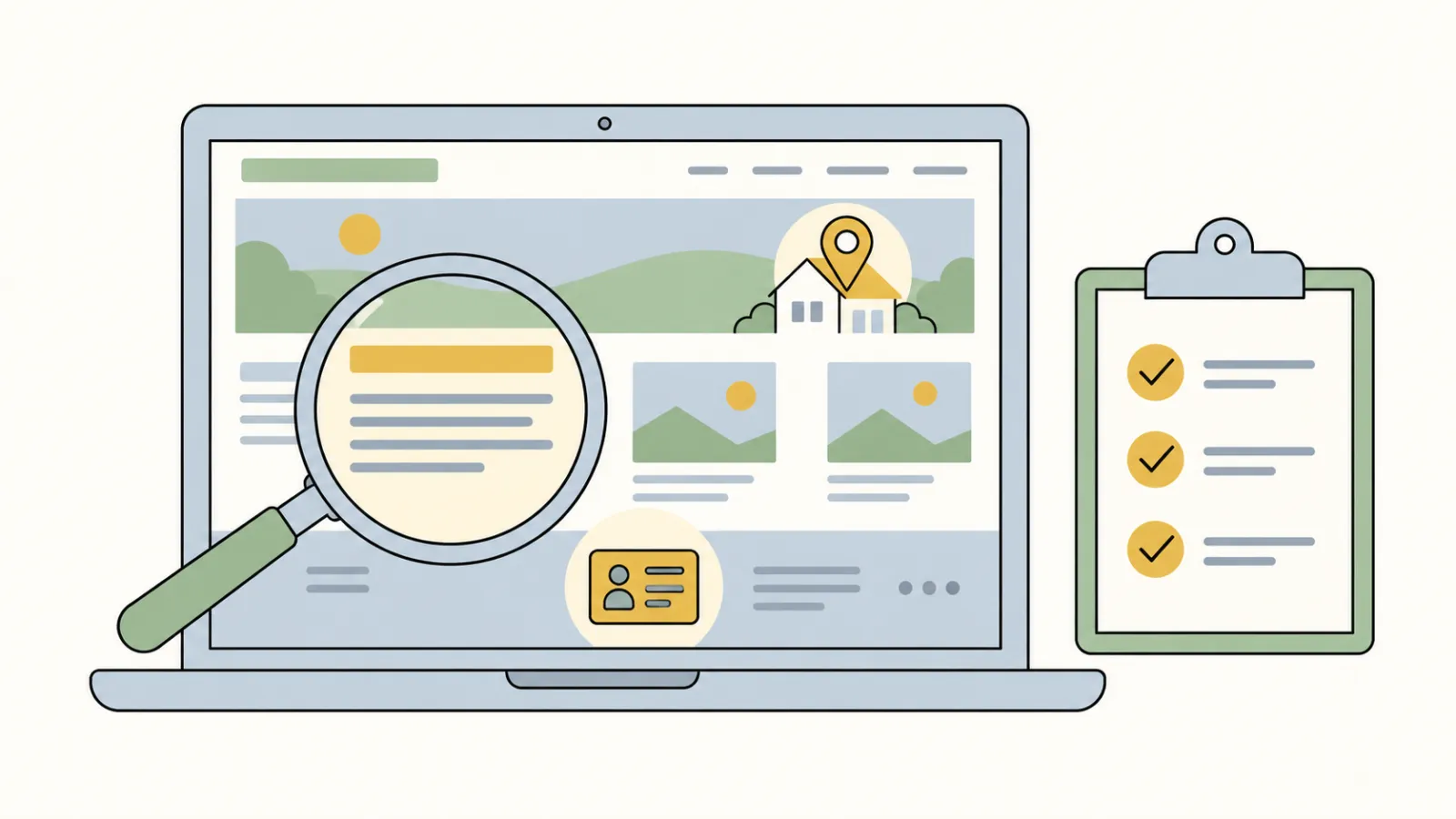 Flat illustration of a website on a laptop under a magnifying glass, with three areas highlighted for an ID, an address and a mission, beside a clipboard with three ticks