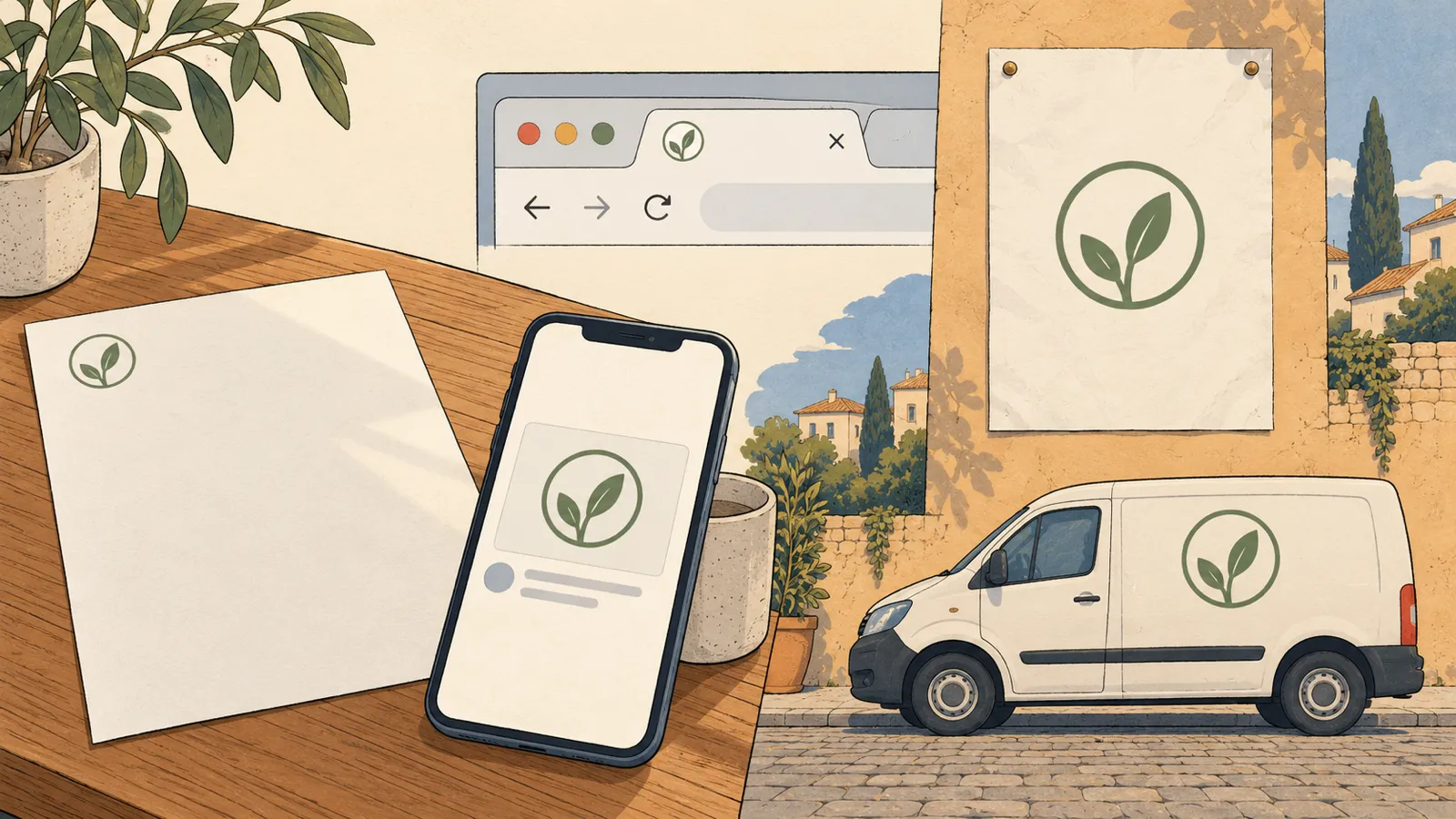Nonprofit logo illustration: one simple leaf mark repeated on a letterhead, a phone link preview, a browser tab, a wall poster and a van door