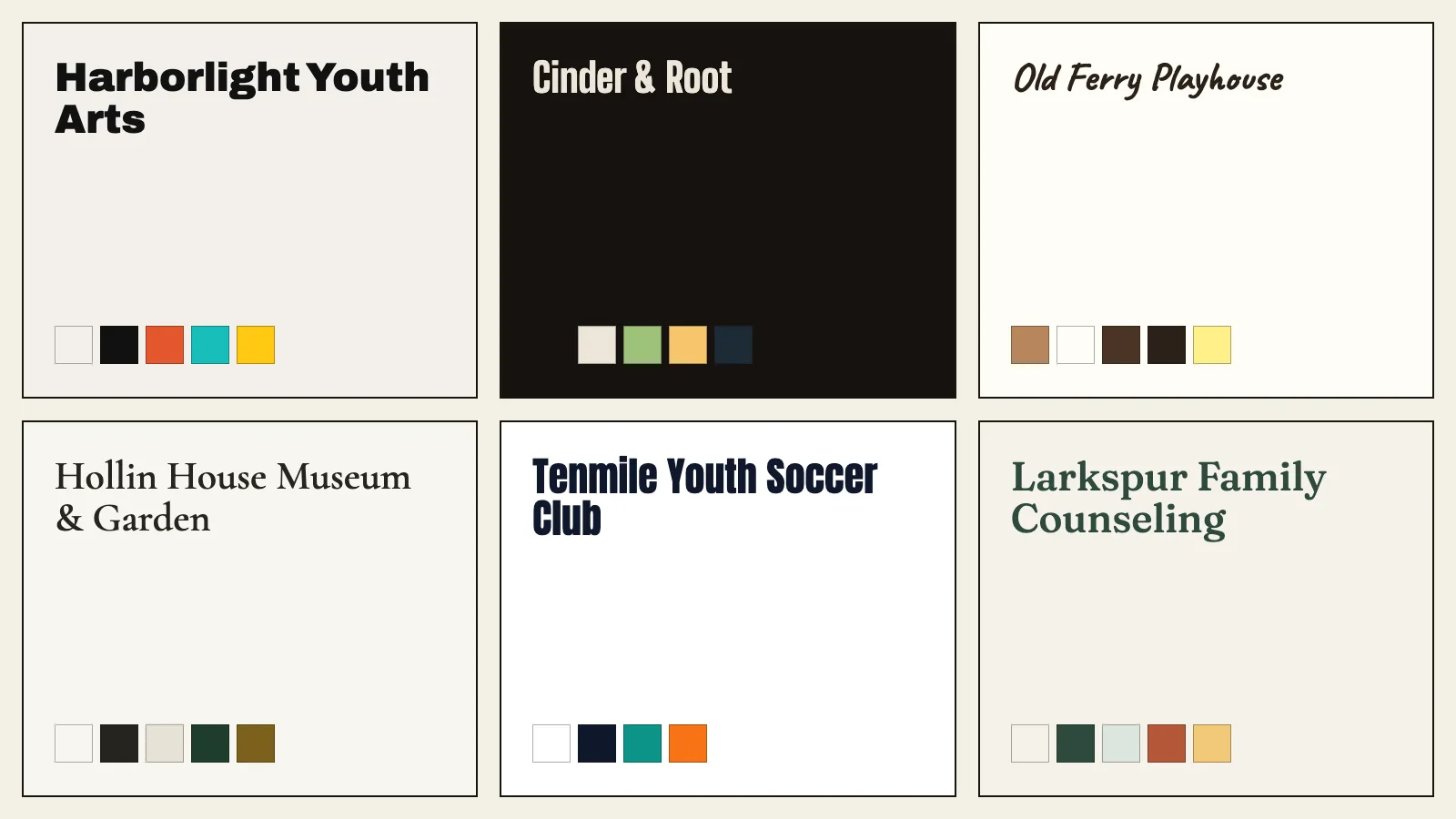 Nonprofit logos of six invented sample organizations, each name set in its own lettering on its own background with its colors: Harborlight Youth Arts, Cinder & Root, Old Ferry Playhouse, Hollin House Museum & Garden, Tenmile Youth Soccer Club and Larkspur Family Counseling