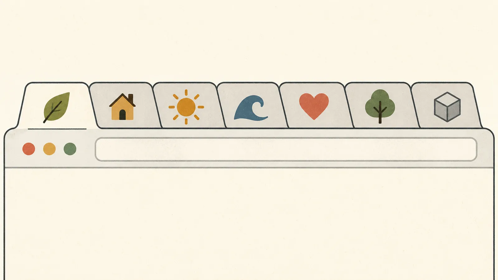 Flat illustration of a row of browser tabs, six with small colored symbols and one with a plain gray placeholder