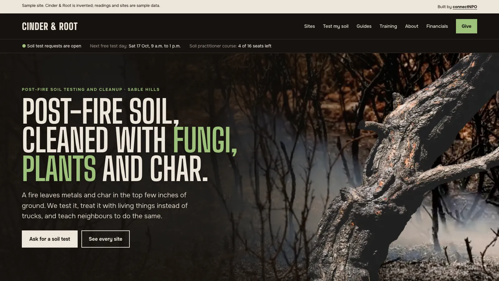 Top of the Cinder and Root sample home page with the headline Post-fire soil, cleaned with fungi, plants and char
