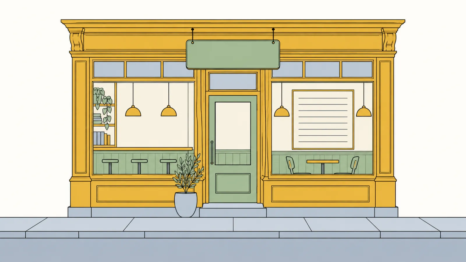 Flat illustration of a small shopfront with a single blank sign board hanging above the door and a menu board with many blank lines inside the window