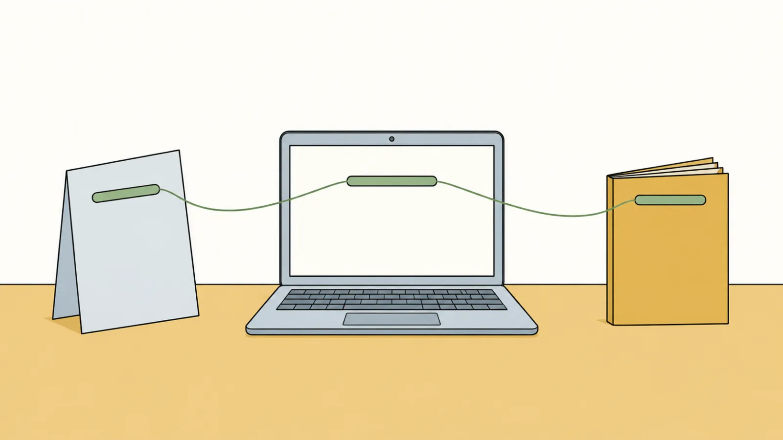 Flat illustration of a folded paper card, an open laptop and a booklet side by side on a table, a thin sage thread linking the same short green bar on all three