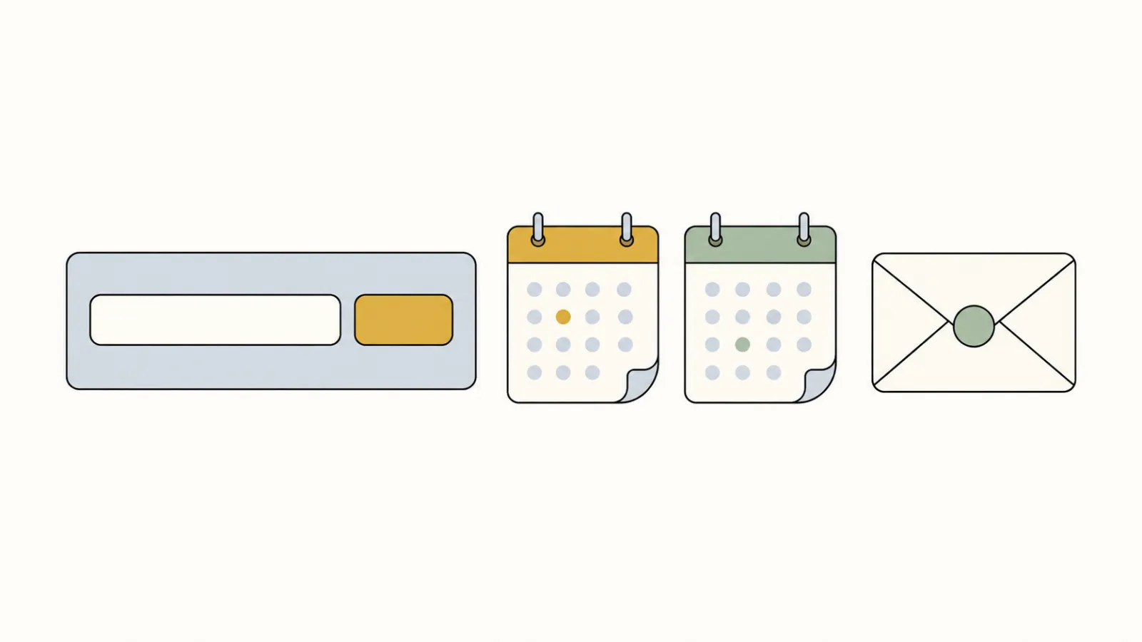Flat illustration of a card with one empty field and a button, next to two small calendars, each with one date marked, and an envelope with a sage seal