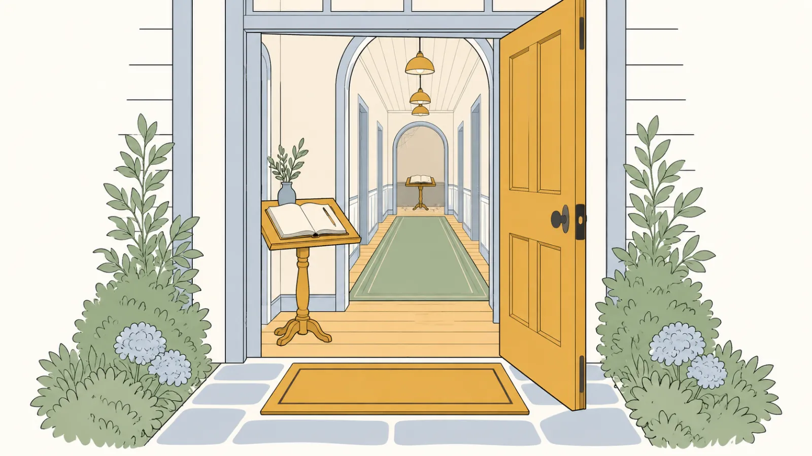 Flat illustration of an open front door with a guest book on a stand just inside, and a second dusty guest book at the far end of a long hallway