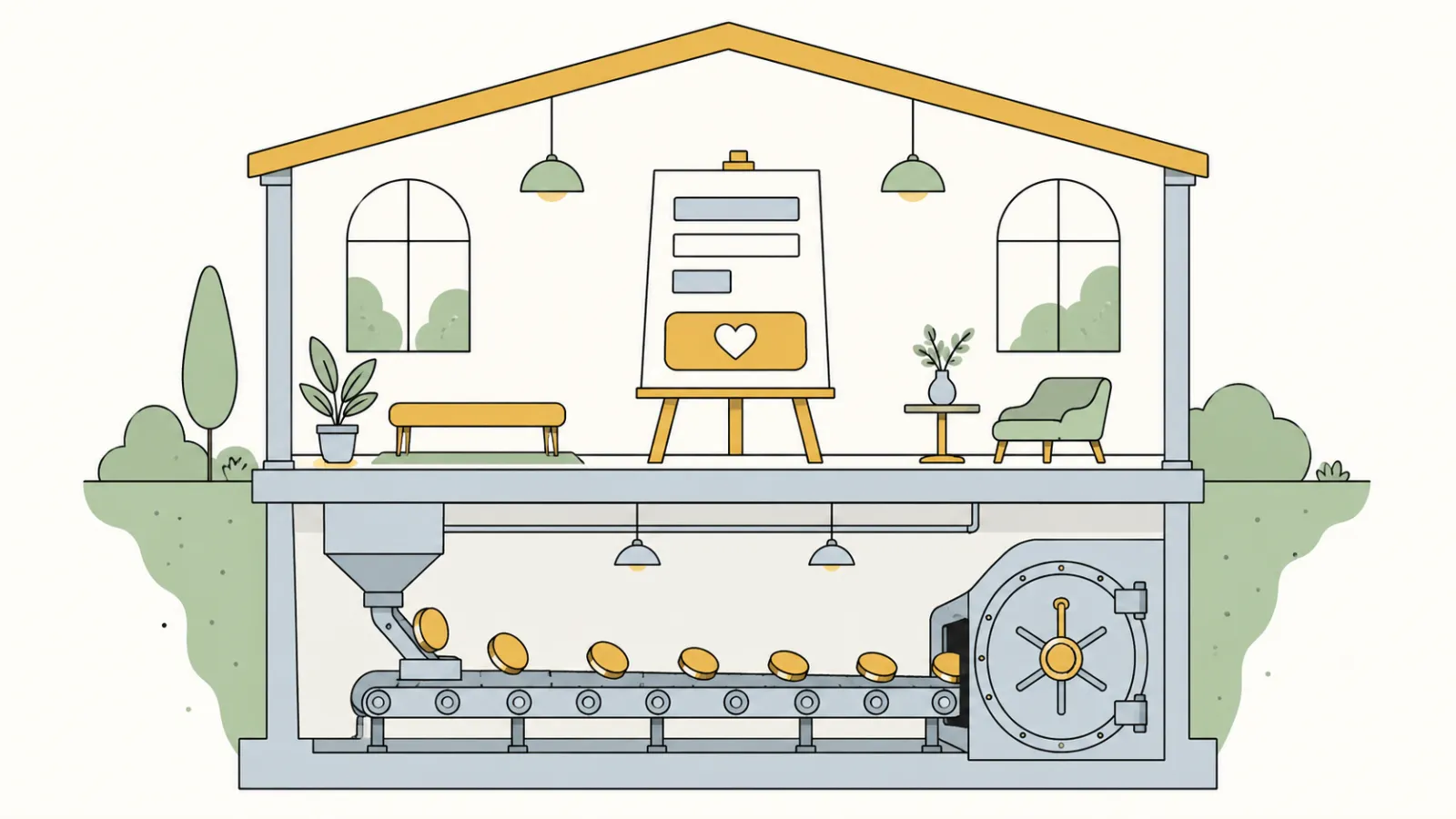 Flat illustration of a two-storey cutaway building with a donation form on an easel upstairs and a conveyor belt carrying coins to a bank vault in the basement