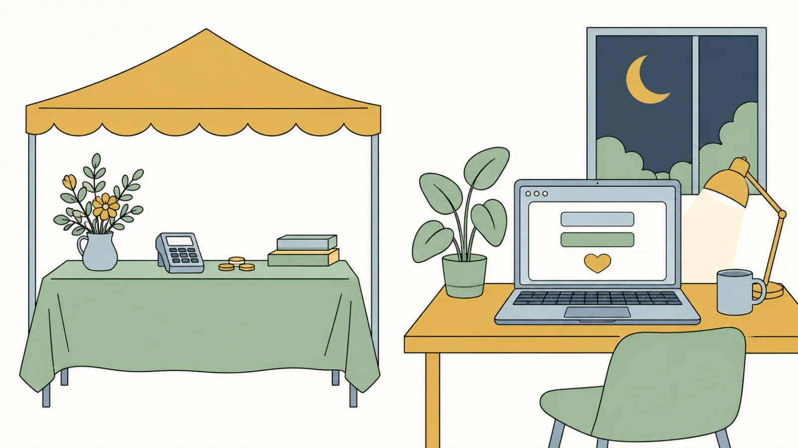 Flat illustration of an event table under a tent canopy with a small card reader and coins, beside a laptop on a desk at night showing a donation form