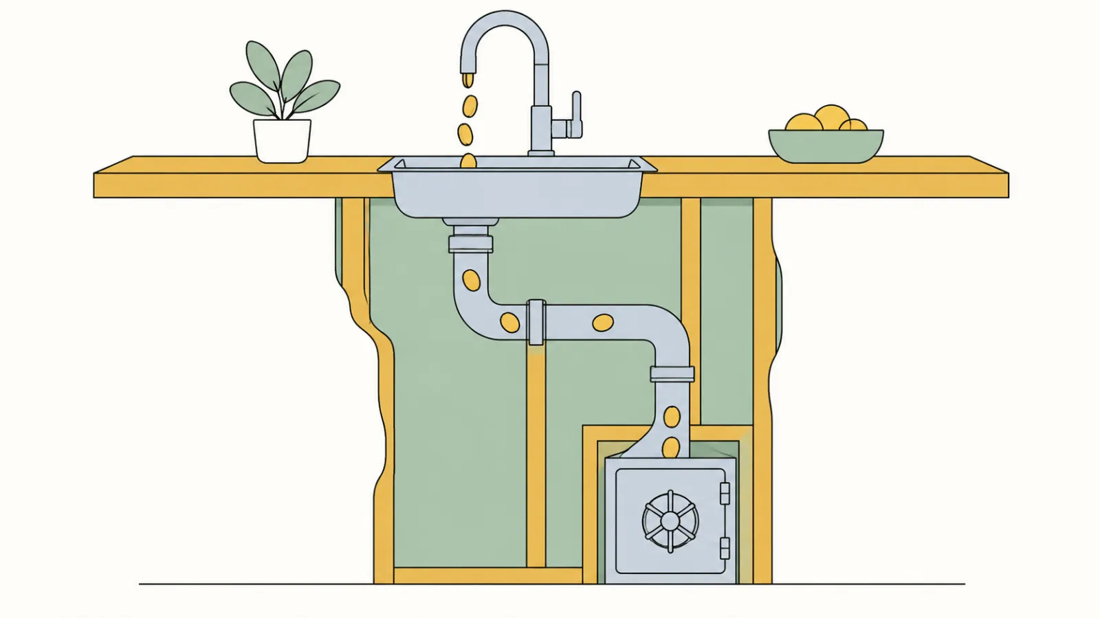 Flat illustration of a kitchen faucet with the wall cut away to show pipes carrying coins down to a small bank vault