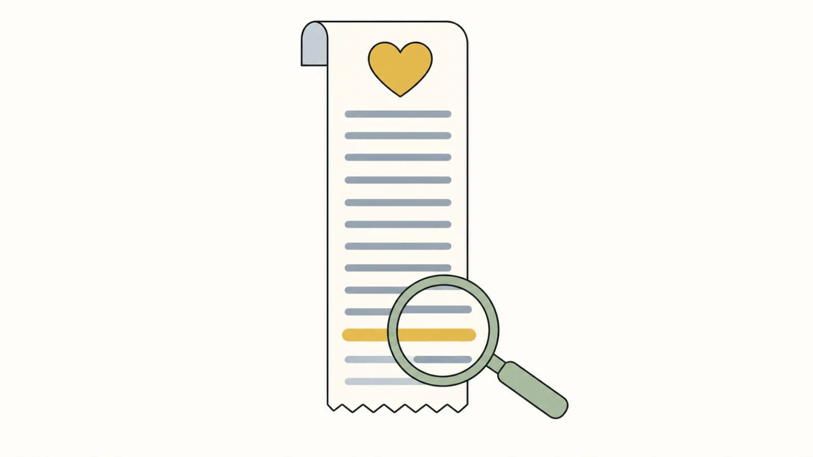 Flat illustration of a long paper receipt with one line near the bottom highlighted and a magnifying glass resting over it